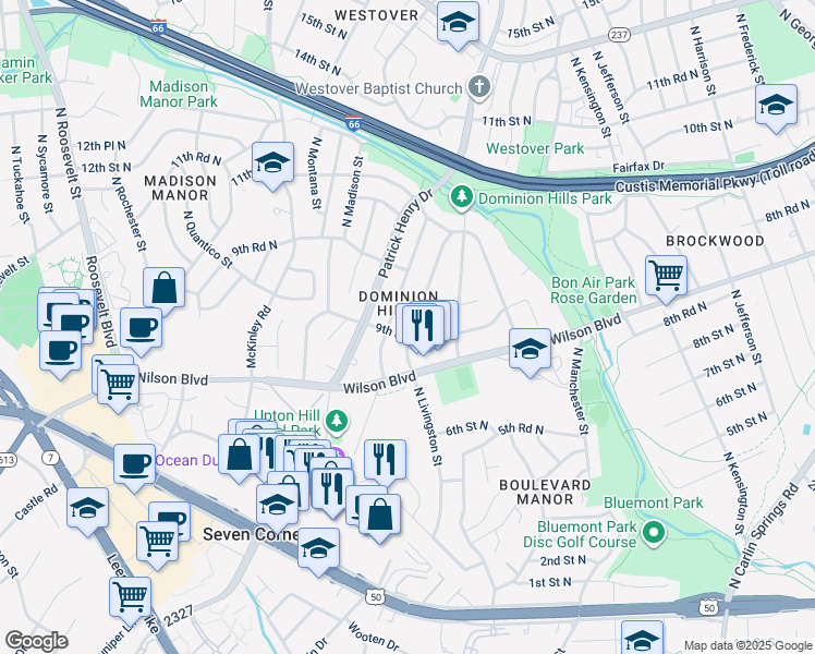 map of restaurants, bars, coffee shops, grocery stores, and more near 904 North Livingston Street in Arlington