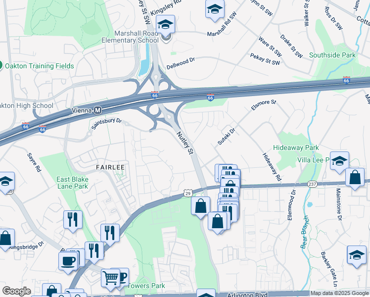 map of restaurants, bars, coffee shops, grocery stores, and more near 2900 Nutley Street Southwest in Fairfax
