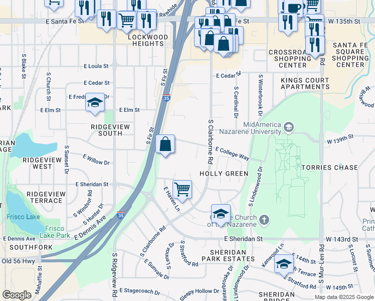 map of restaurants, bars, coffee shops, grocery stores, and more near 1429 East College Way in Olathe