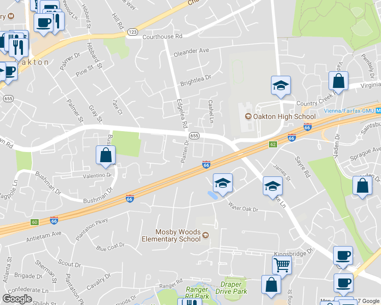 map of restaurants, bars, coffee shops, grocery stores, and more near 3024 Sugar Lane in Vienna