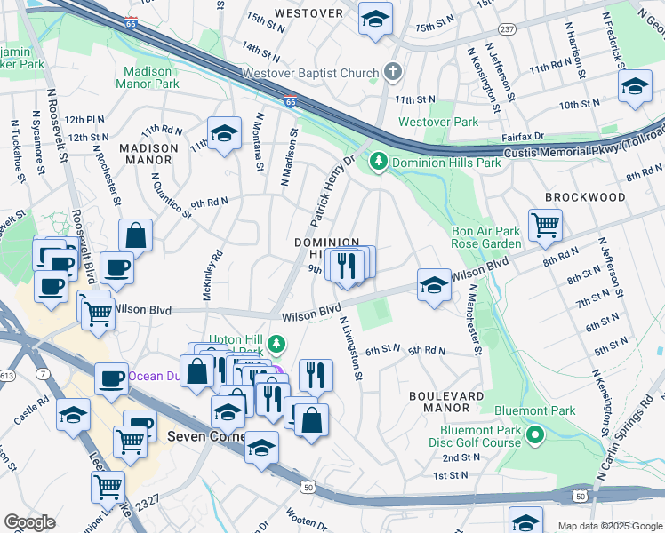 map of restaurants, bars, coffee shops, grocery stores, and more near 904 North Livingston Street in Arlington