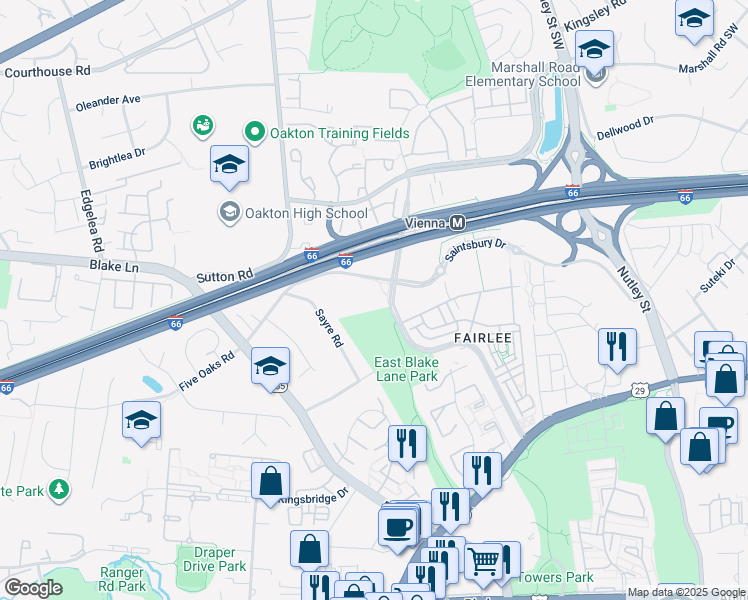 map of restaurants, bars, coffee shops, grocery stores, and more near 2903 Saintsbury Plaza in Fairfax
