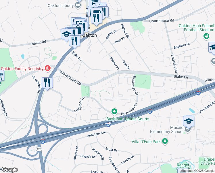 map of restaurants, bars, coffee shops, grocery stores, and more near 10206 Willow Mist Court in Oakton