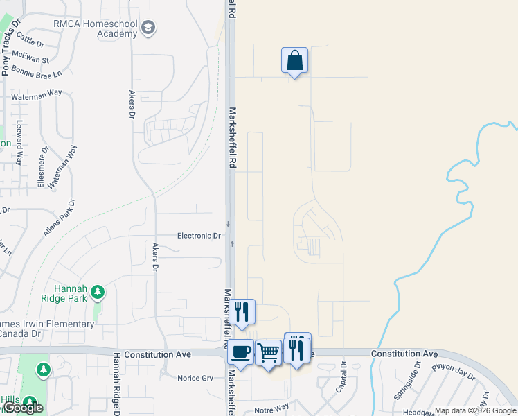 map of restaurants, bars, coffee shops, grocery stores, and more near 3022 Namib Drive in Colorado Springs