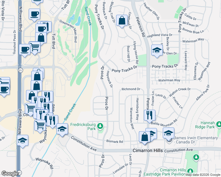 map of restaurants, bars, coffee shops, grocery stores, and more near 970 Piros Drive in Colorado Springs