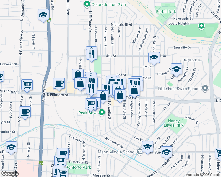 map of restaurants, bars, coffee shops, grocery stores, and more near 901 Carlisle Street in Colorado Springs