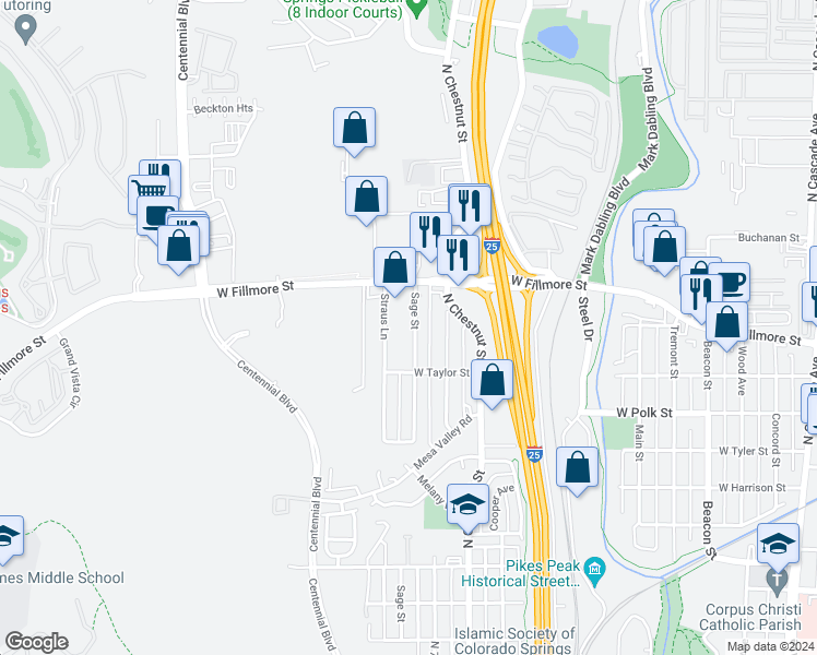 map of restaurants, bars, coffee shops, grocery stores, and more near 2925 Sage Street in Colorado Springs