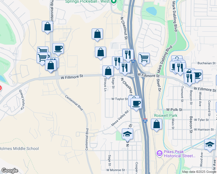 map of restaurants, bars, coffee shops, grocery stores, and more near 2925 Straus Lane in Colorado Springs