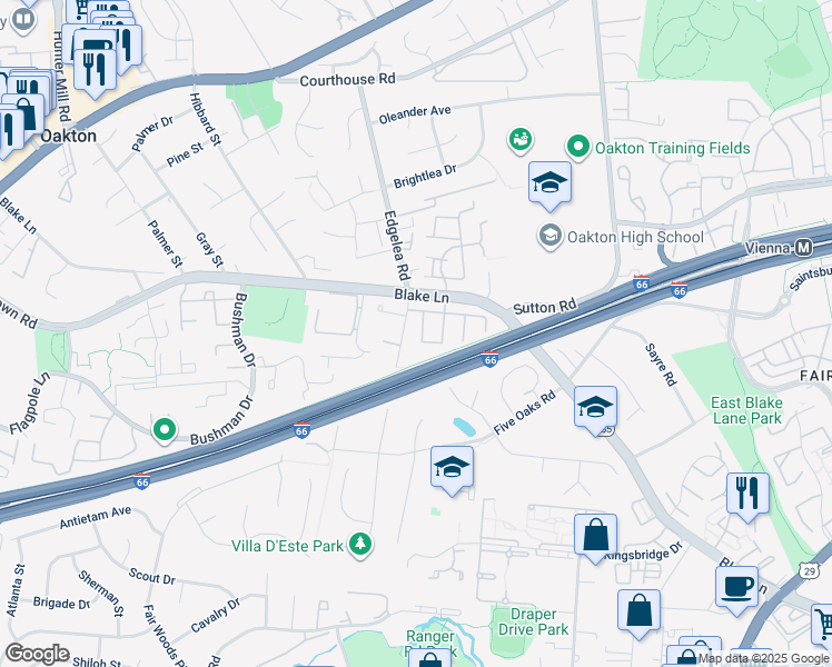 map of restaurants, bars, coffee shops, grocery stores, and more near 3024 Sugar Lane in Vienna