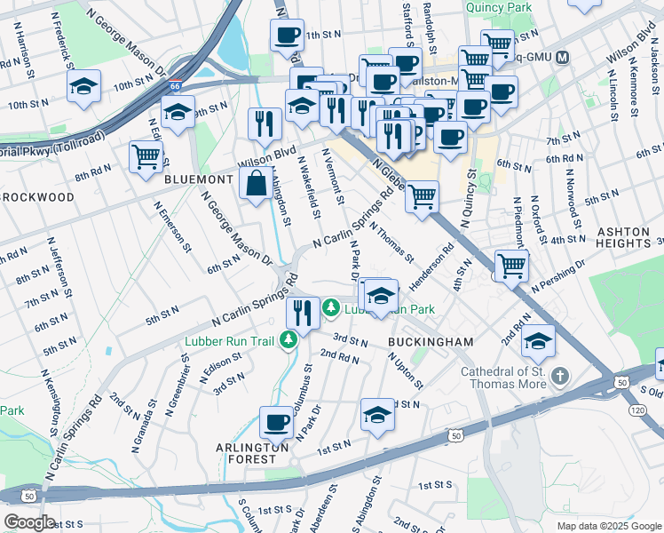 map of restaurants, bars, coffee shops, grocery stores, and more near 4527 4th Road North in Arlington