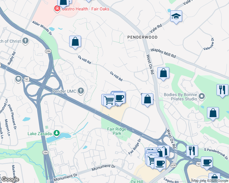 map of restaurants, bars, coffee shops, grocery stores, and more near 12362 Azure Lane in Fairfax