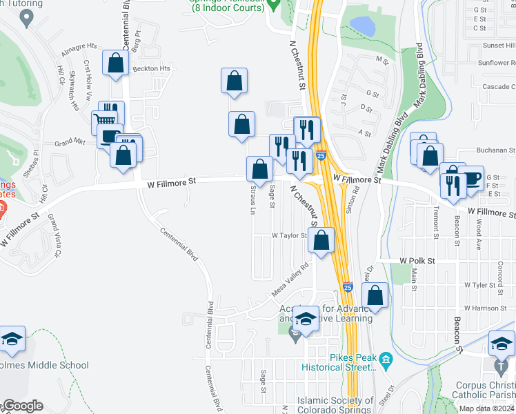 map of restaurants, bars, coffee shops, grocery stores, and more near 2919 Straus Lane in Colorado Springs