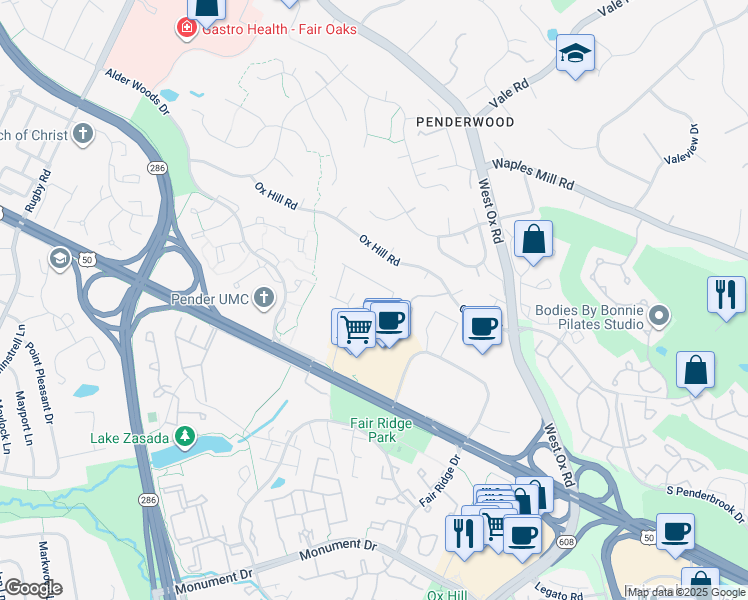 map of restaurants, bars, coffee shops, grocery stores, and more near 12362 Azure Lane in Fairfax