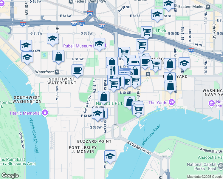 map of restaurants, bars, coffee shops, grocery stores, and more near 101 Independence Avenue Southeast in Washington