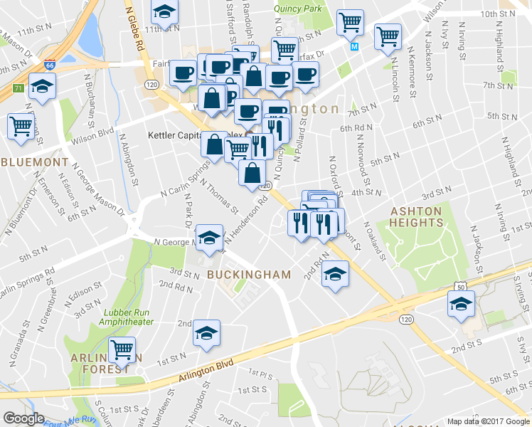 map of restaurants, bars, coffee shops, grocery stores, and more near 4104 North Henderson Road in Arlington