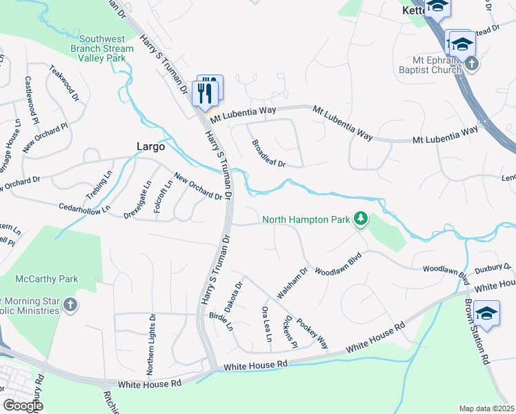 map of restaurants, bars, coffee shops, grocery stores, and more near 10406 Rambling Hill Court in Upper Marlboro