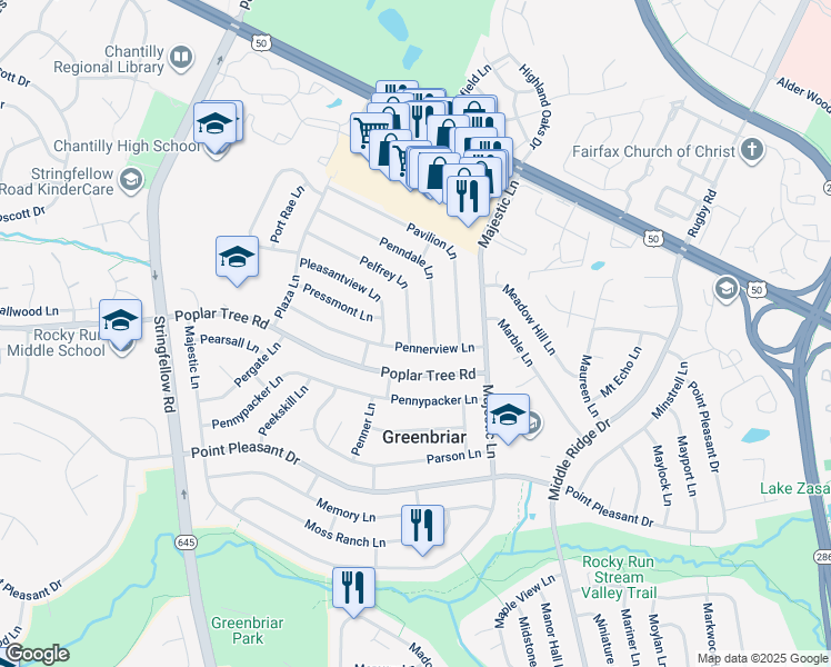 map of restaurants, bars, coffee shops, grocery stores, and more near 13102 Pelfrey Lane in Fairfax