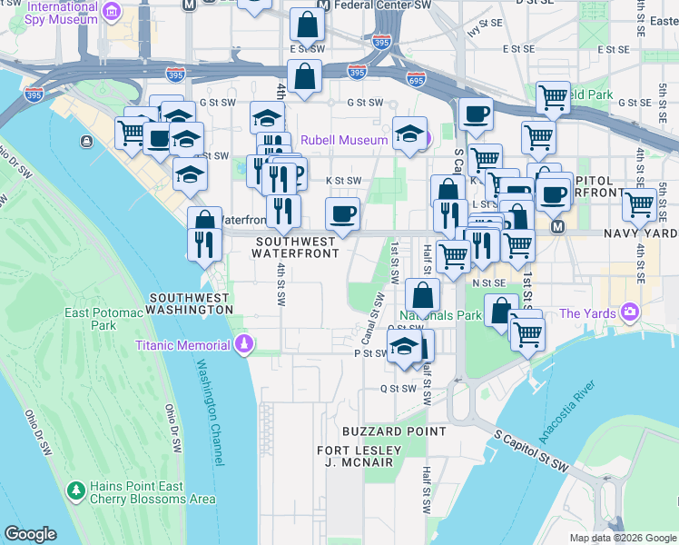 map of restaurants, bars, coffee shops, grocery stores, and more near 101 Independence Avenue Southeast in Washington
