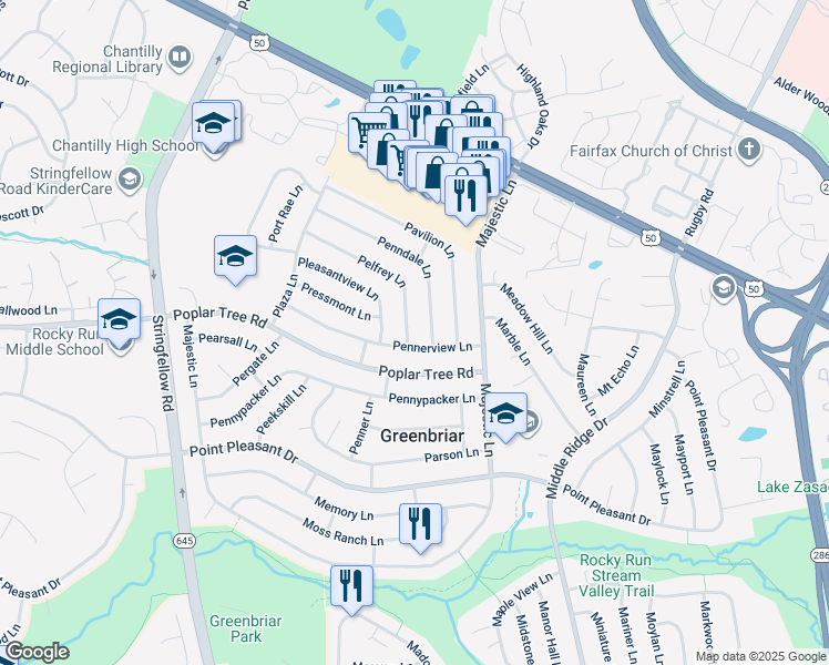 map of restaurants, bars, coffee shops, grocery stores, and more near 13102 Pelfrey Lane in Fairfax