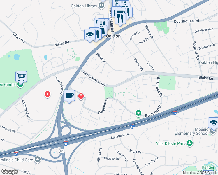 map of restaurants, bars, coffee shops, grocery stores, and more near 3030 Borge Street in Oakton