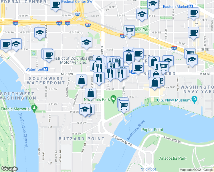 map of restaurants, bars, coffee shops, grocery stores, and more near 1230 South Capitol Street Southeast in Washington