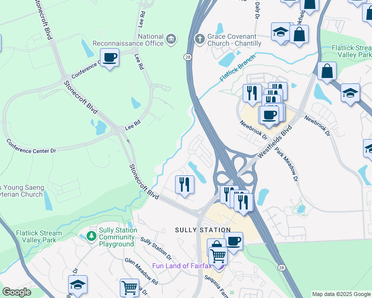 map of restaurants, bars, coffee shops, grocery stores, and more near 4946 Trail Vista Lane in Chantilly