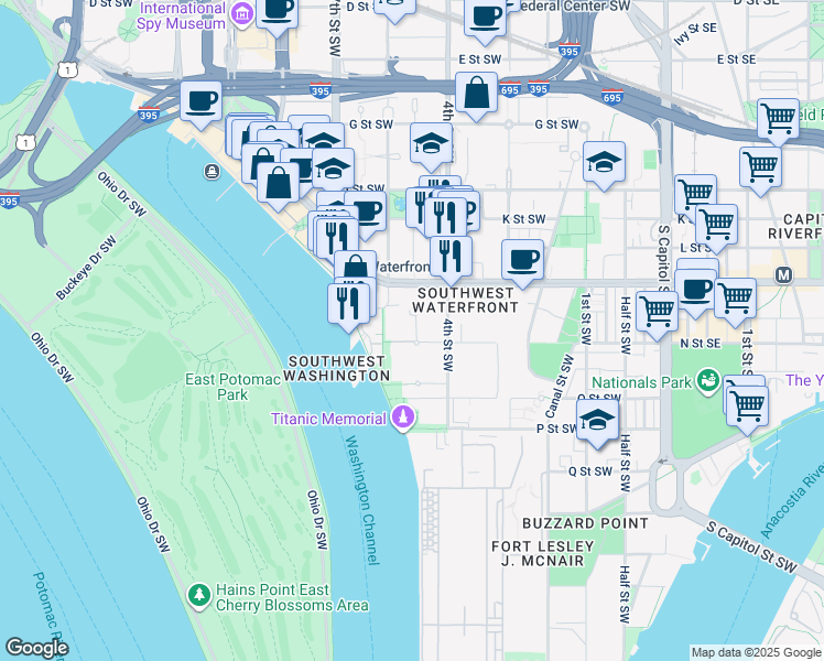 map of restaurants, bars, coffee shops, grocery stores, and more near 429 N Street Southwest in Washington