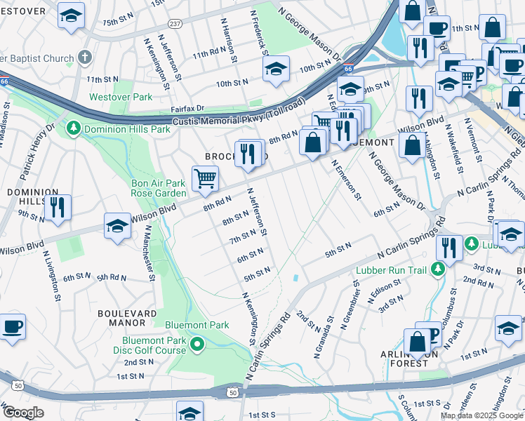 map of restaurants, bars, coffee shops, grocery stores, and more near 721 North Jefferson Street in Arlington