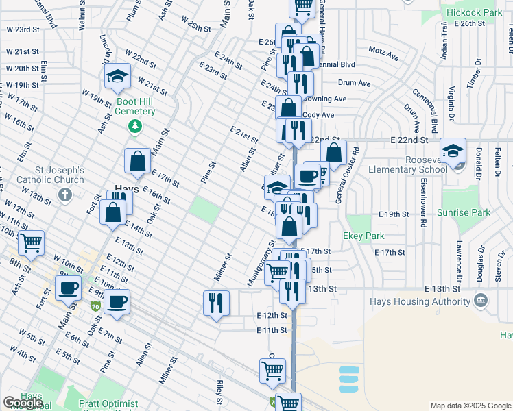 map of restaurants, bars, coffee shops, grocery stores, and more near 1800 Milner Street in Hays