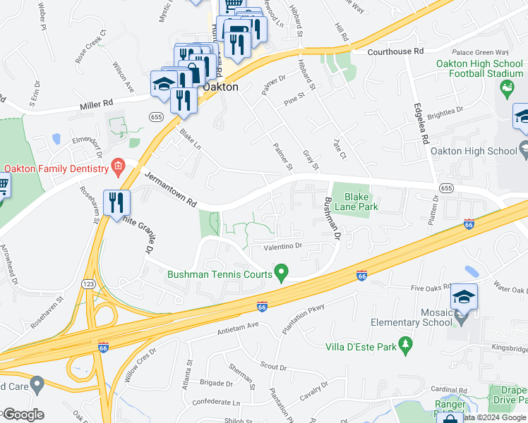 map of restaurants, bars, coffee shops, grocery stores, and more near 10207A Ashbrooke Court in Oakton