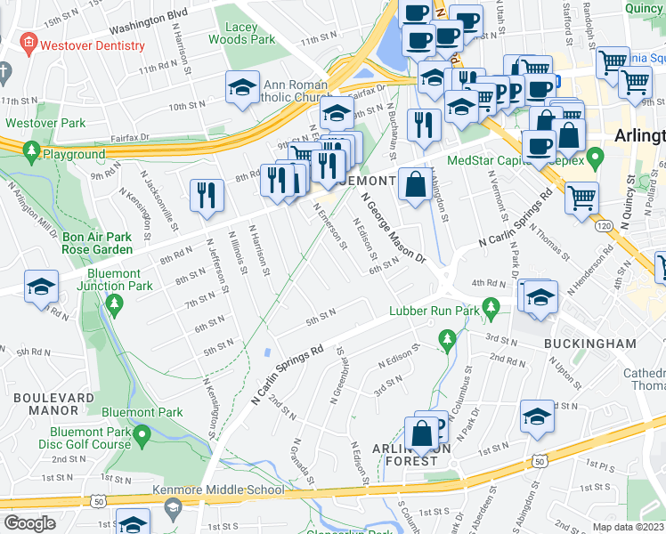 map of restaurants, bars, coffee shops, grocery stores, and more near 618 North Frederick Street in Arlington