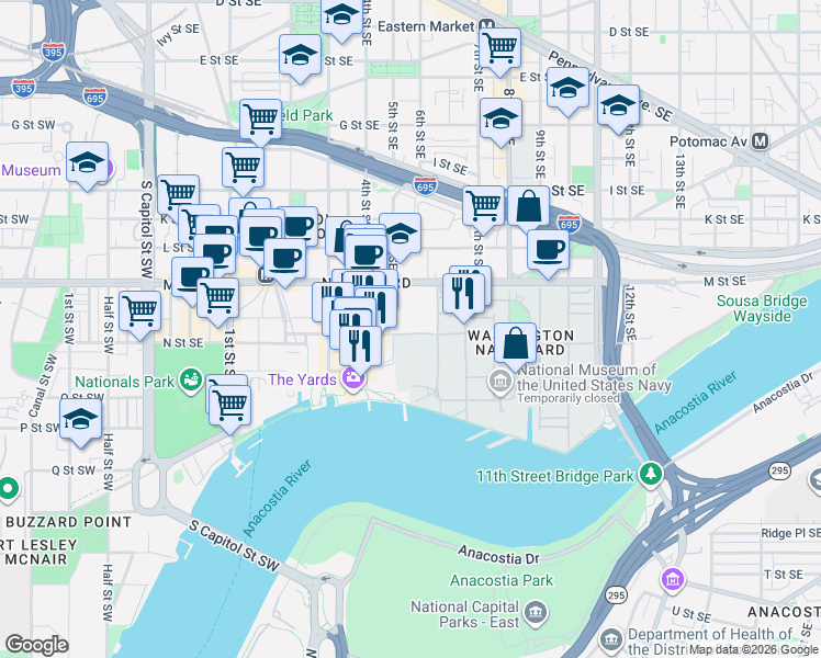 map of restaurants, bars, coffee shops, grocery stores, and more near 101 Independence Avenue Southeast in Washington