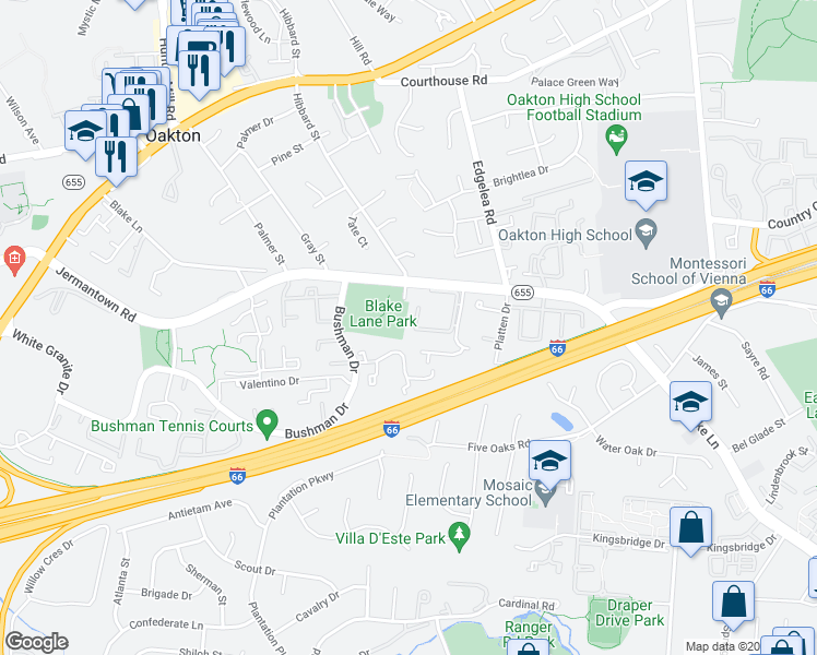 map of restaurants, bars, coffee shops, grocery stores, and more near 9965 Capperton Drive in Oakton