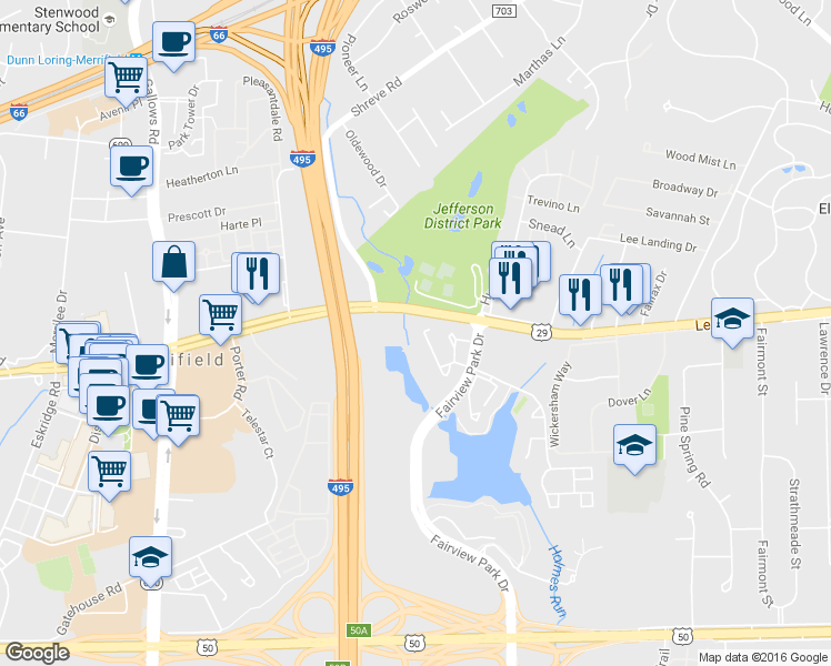 map of restaurants, bars, coffee shops, grocery stores, and more near 7971 Yancey Drive in Falls Church
