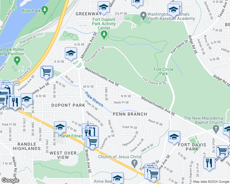 map of restaurants, bars, coffee shops, grocery stores, and more near 1216 34th Place Southeast in Washington