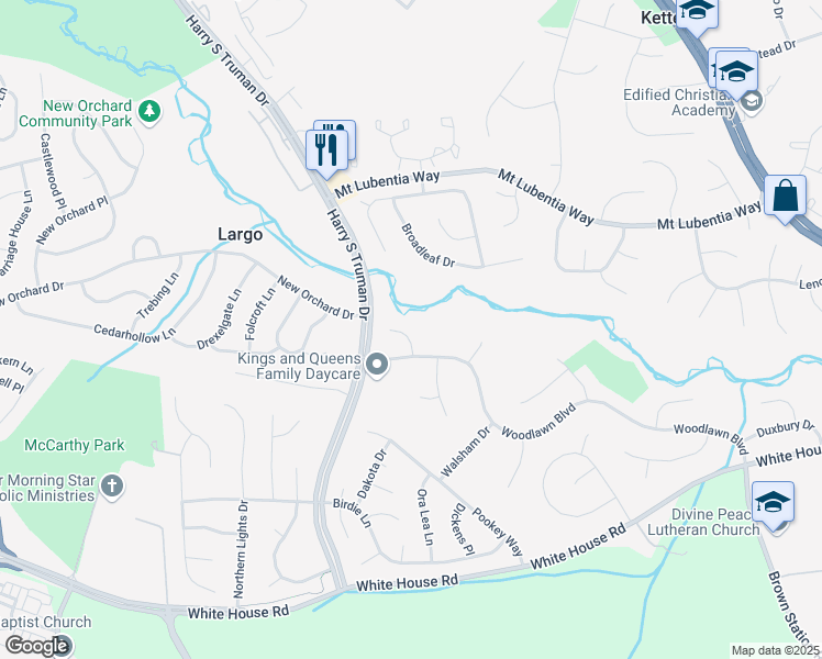 map of restaurants, bars, coffee shops, grocery stores, and more near 10406 Rambling Hill Court in Upper Marlboro