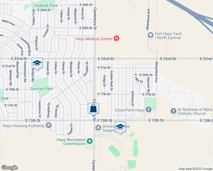 map of restaurants, bars, coffee shops, grocery stores, and more near 1708 Volga Drive in Hays