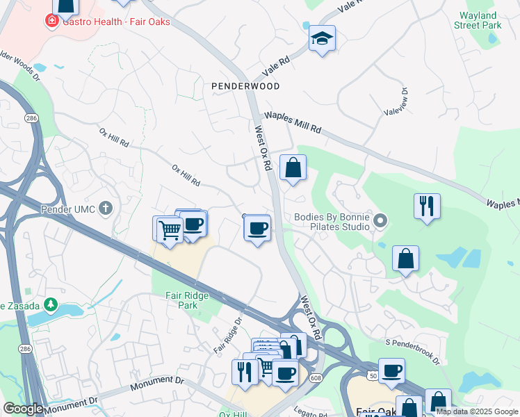 map of restaurants, bars, coffee shops, grocery stores, and more near 12200 Ox Hill Road in Fairfax