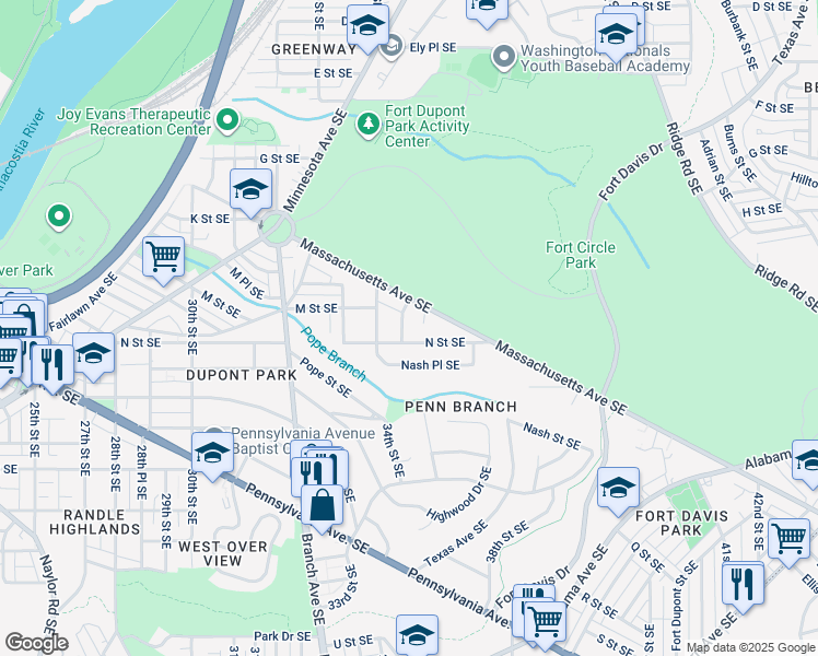 map of restaurants, bars, coffee shops, grocery stores, and more near 1216 34th Place Southeast in Washington