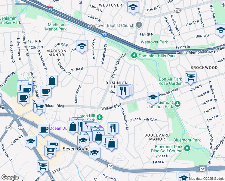 map of restaurants, bars, coffee shops, grocery stores, and more near 900 North Lebanon Street in Arlington