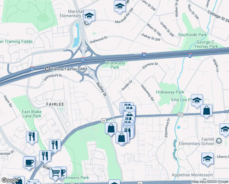 map of restaurants, bars, coffee shops, grocery stores, and more near 2902 Beau Lane in Fairfax