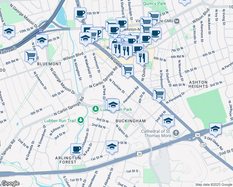 map of restaurants, bars, coffee shops, grocery stores, and more near 470 North Thomas Street in Arlington