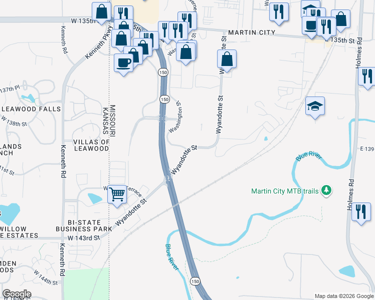 map of restaurants, bars, coffee shops, grocery stores, and more near Wyandotte Street in Kansas City