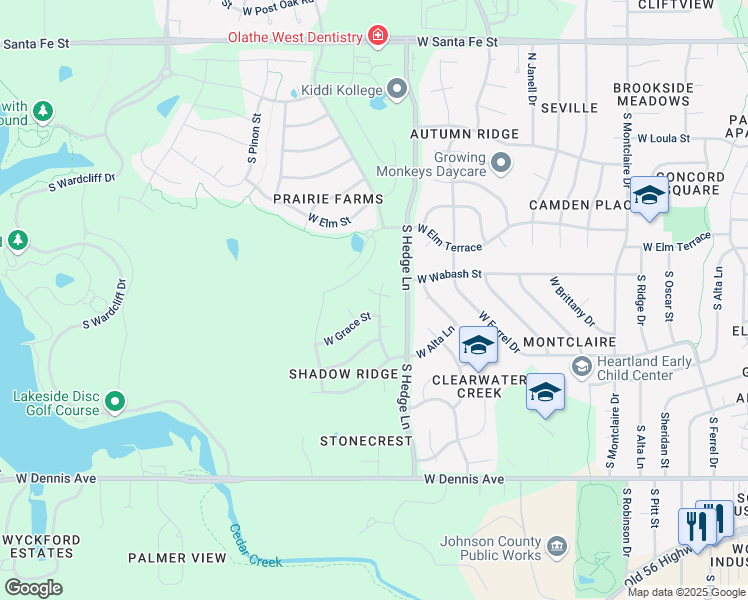 map of restaurants, bars, coffee shops, grocery stores, and more near 500 South Persimmon Drive in Olathe