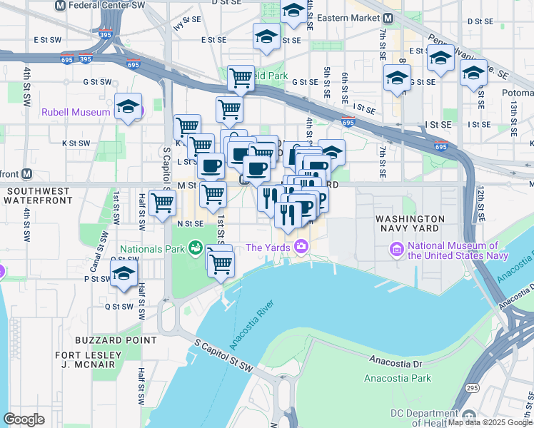 map of restaurants, bars, coffee shops, grocery stores, and more near 101 Independence Avenue Southeast in Washington
