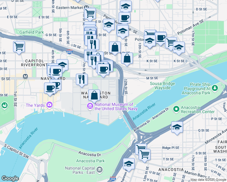 map of restaurants, bars, coffee shops, grocery stores, and more near 1014 N Street Southeast in Washington