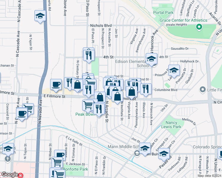 map of restaurants, bars, coffee shops, grocery stores, and more near 901 Carlisle Street in Colorado Springs