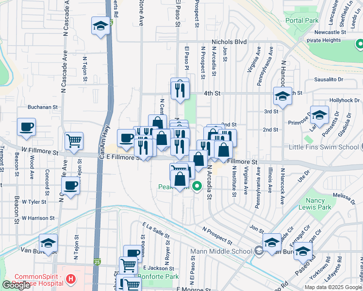 map of restaurants, bars, coffee shops, grocery stores, and more near 3017 North El Paso Street in Colorado Springs