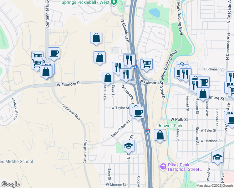 map of restaurants, bars, coffee shops, grocery stores, and more near 2925 Sage Street in Colorado Springs