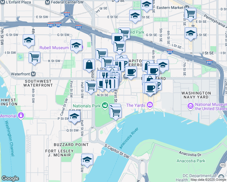 map of restaurants, bars, coffee shops, grocery stores, and more near 101 Independence Avenue Southeast in Washington